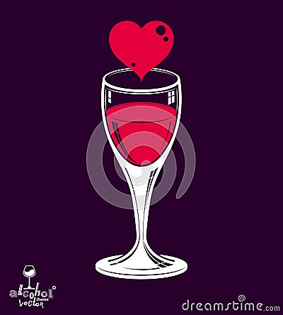 Valentineâ€™s day theme vector illustration placed on dark background. Design wineglass with loving heart, romantic rendezvous co Vector Illustration